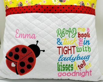 Girls ladybug pocket pillow with handle, Little girls personalized reading pillow, Book pillow for child's bedroom decor,  Reading pillow