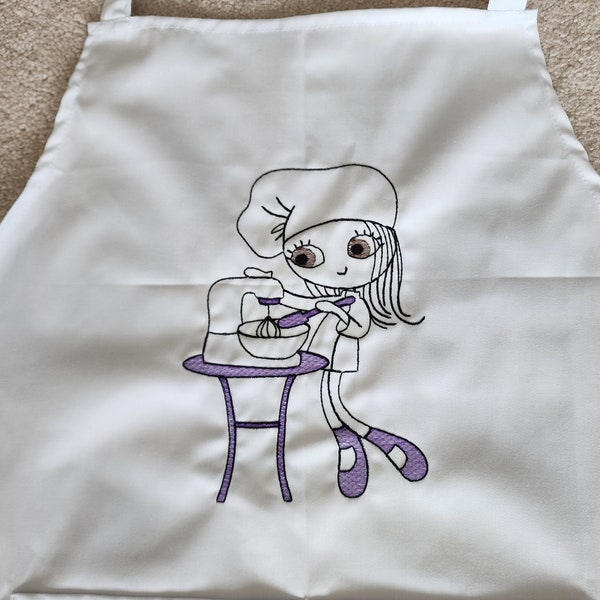 Girl Chef Adjustable Apron for Gift for Teenager or Mom, White, Pink and Purple Apron for Adult or Older Child, Chef Using Blender Embroider