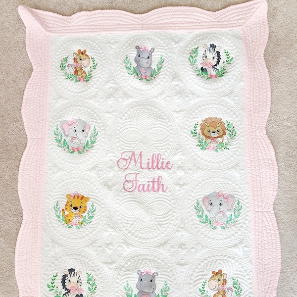 Personalized Baby Jungle Animal Quilt for Baby Girl, Baby Shower Gift, Embroidered Keepsake Baby Blanket, Custom Baby Shower Present