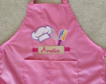 Personalized Adjustable Pink, White and Purple Child's Apron, Chef Apron for Girl and Boy, For Baking and Cooking in Kitchen