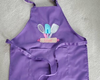 Personalized Adjustable Pink and Purple Child's Apron with Pockets, Chef Apron for Girl and Boy, Apron for Baking and Cooking, Kitchen Apron