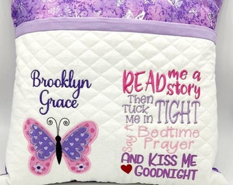 Girls purple butterfly pocket pillow, Little girls personalized reading pillow, Book pillow for child's bedroom, Pillow for nursery decor