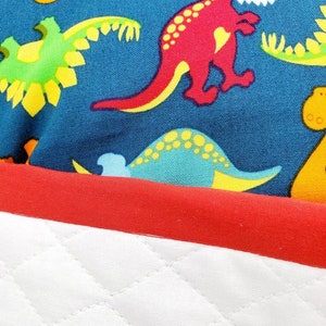May include: A white quilted pillow with a red border. The front of the pillow is blue with a repeating pattern of colorful dinosaurs.