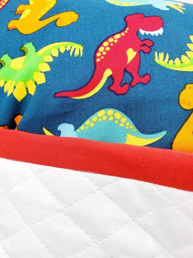 May include: A white quilted pillow with a red border. The front of the pillow is blue with a repeating pattern of colorful dinosaurs.