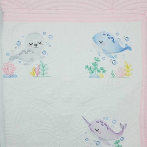 Personalized Quilt for Baby Girl, Baby Shower Gift, Embroidered Keepsake Baby Blanket, Custom Baby Shower Present, Sea Creature Decor image 6