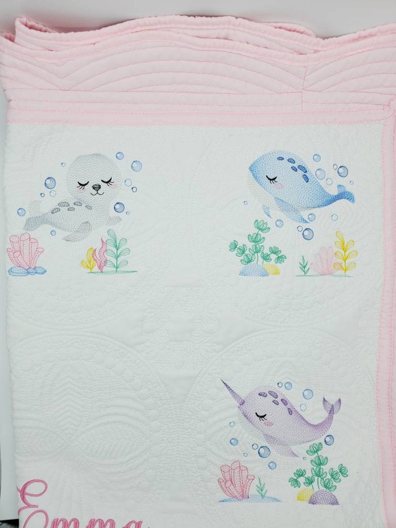 Personalized Quilt for Baby Girl, Baby Shower Gift, Embroidered Keepsake Baby Blanket, Custom Baby Shower Present, Sea Creature Decor image 6