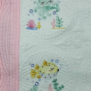 Personalized Quilt for Baby Girl, Baby Shower Gift, Embroidered Keepsake Baby Blanket, Custom Baby Shower Present, Sea Creature Decor image 5