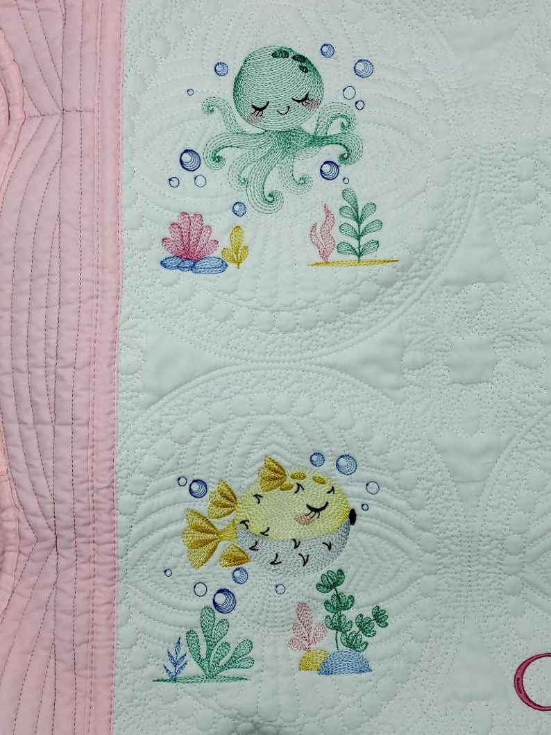 Personalized Quilt for Baby Girl, Baby Shower Gift, Embroidered Keepsake Baby Blanket, Custom Baby Shower Present, Sea Creature Decor image 5