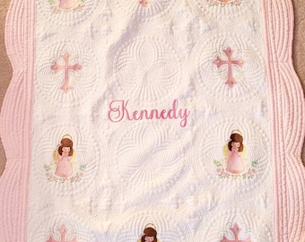 Personalized Quilt for Baby Girl, Baby Shower Gift, Embroidered Keepsake Religious Blanket, Custom Baby Shower Present, Baptism Gift