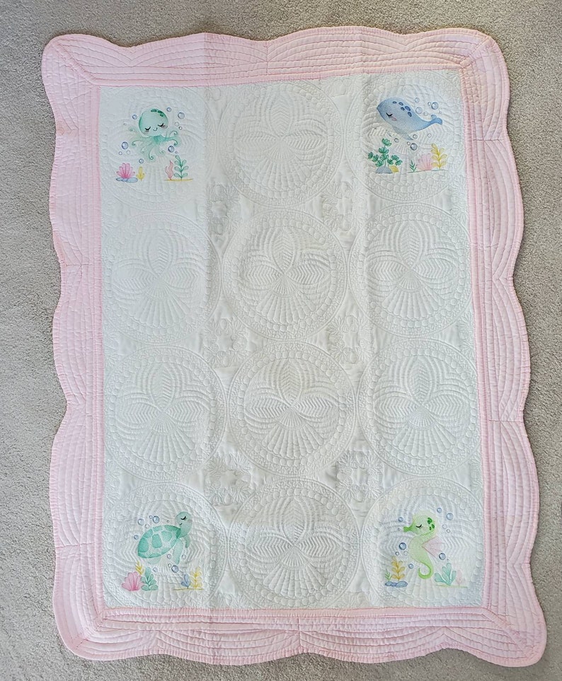 Personalized Quilt for Baby Girl, Baby Shower Gift, Embroidered Keepsake Baby Blanket, Custom Baby Shower Present, Sea Creature Decor image 4