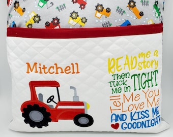 Boy tractor pocket pillow, Personalized reading pillow for boy, Book pillow for child's bedroom decor, Birthday gift for boy, Shower gift