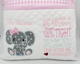 Pink gingham elephant pocket pillow for baby shower, Little girls personalized gift reading pillow, Book pillow for child's bedroom decor