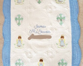 Personalized Quilt for Baby Boy, Baby Shower Gift, Embroidered Keepsake Religious Blanket, Custom Baby Shower Present, Baptism Gift