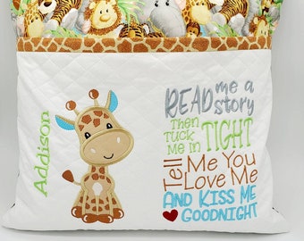 Giraffe pocket pillow, Child's personalized reading pillow, Book pillow for child's bedroom decor, Nursery decor, Jungle Animals pillow