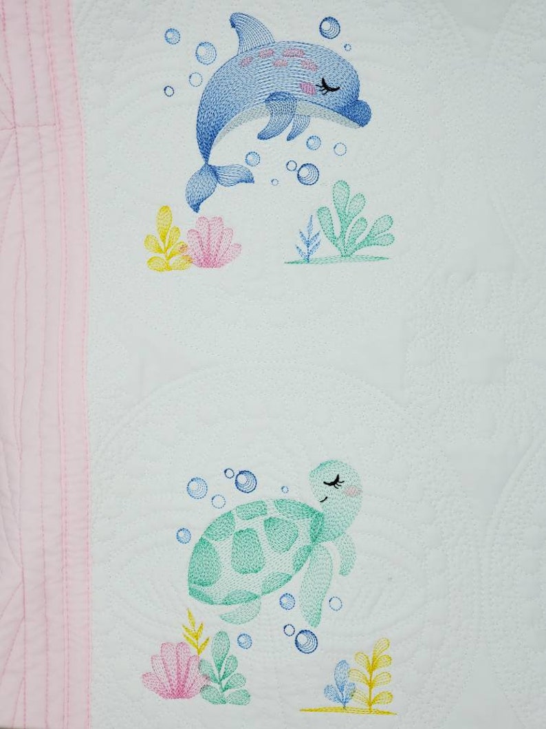 Personalized Quilt for Baby Girl, Baby Shower Gift, Embroidered Keepsake Baby Blanket, Custom Baby Shower Present, Sea Creature Decor image 7