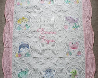 Personalized Quilt for Baby Girl, Baby Shower Gift, Embroidered Keepsake Baby Blanket, Custom Baby Shower Present, Sea Creature Decor