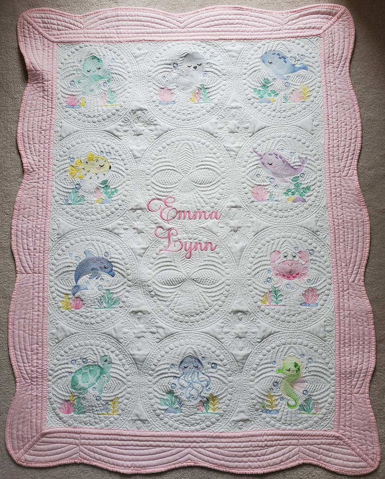 Personalized Quilt for Baby Girl, Baby Shower Gift, Embroidered Keepsake Baby Blanket, Custom Baby Shower Present, Sea Creature Decor image 1