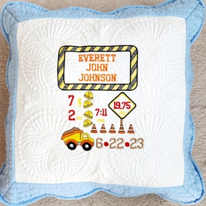Personalized Construction Heirloom Pillow Cover With Zipper, Birth Announcement Newborn Gift,  Customized Pillow for Nursery Decor, Keepsake