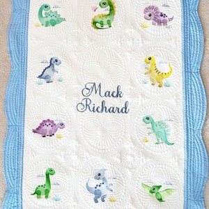 Personalized Dinosaur Quilt for Baby Boy, Baby Shower Gift, Embroidered Keepsake Baby Blanket, Custom Baby Shower Present Dino Nursery Decor