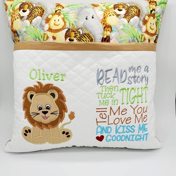 Lion pocket pillow, Child's personalized reading pillow, Book pillow for child's bedroom decor, Nursery decor, Jungle Animals pillow