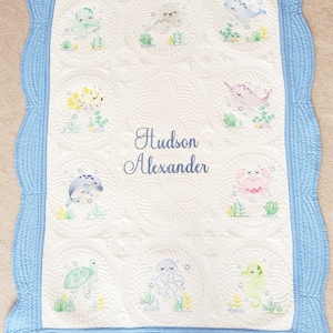 Personalized Quilt for Baby Girl, Baby Shower Gift, Embroidered Keepsake Baby Blanket, Custom Baby Shower Present, Sea Creature Decor image 9