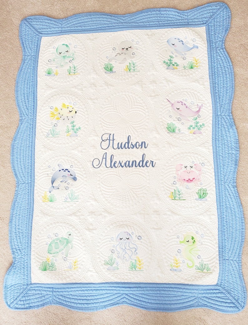 Personalized Quilt for Baby Girl, Baby Shower Gift, Embroidered Keepsake Baby Blanket, Custom Baby Shower Present, Sea Creature Decor image 9