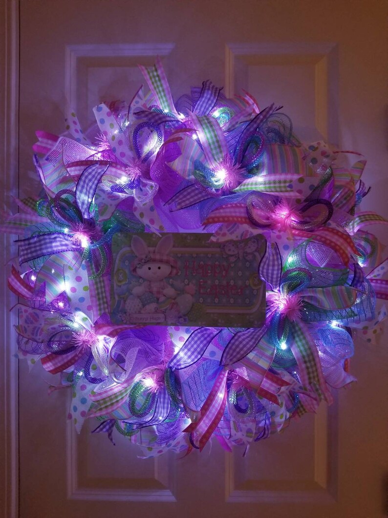 Lighted Easter Decor Bunny Wreath Front door decor Etsy
