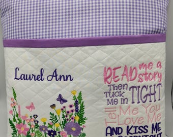 Personalized wildflower pocket reading pillow with purple gingham, Girl's Bedroom Decor, Nursery decor, Baby shower gift