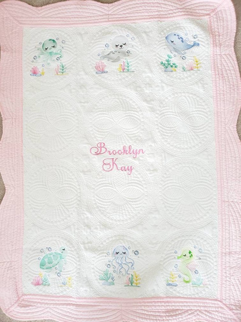 Personalized Quilt for Baby Girl, Baby Shower Gift, Embroidered Keepsake Baby Blanket, Custom Baby Shower Present, Sea Creature Decor image 3