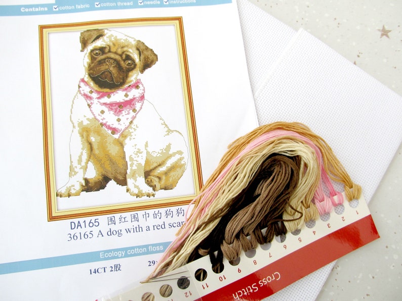 Pug Cross Stitch Kit Dog Cross Stitch Kit Cute Pug Cross Stitch Animal Cross Stitch Kit Pug Gift