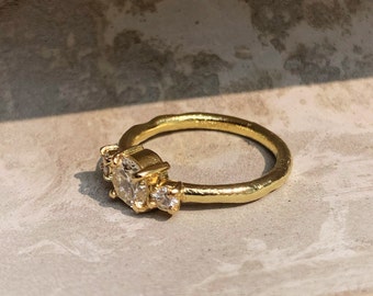 Diamond engagement ring in 18ct recycled yellow gold ring. Bespoke Three brilliant cut white diamonds ring, sustainable jewellery