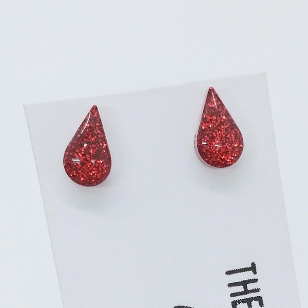 Blood Drop Studs - Red Sparkle - Gifts for Nurses, Blood Donor Gifts, Phlebotomy, Halloween Earrings, Horror Studs