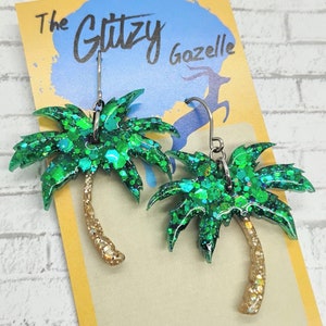 Palm Tree Dangle Earrings - Green Teal Mix Glitter - Boho Earrings, Women's Earrings, Palm Tree Earrings, Summer Earrings, Florida Lovers