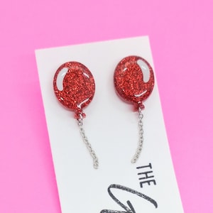 Balloon Statement Studs - Red Sparkle - Gifts for Her, Birthday Gifts, Fun Earrings, Carnivals and Fairs, Party Earrings