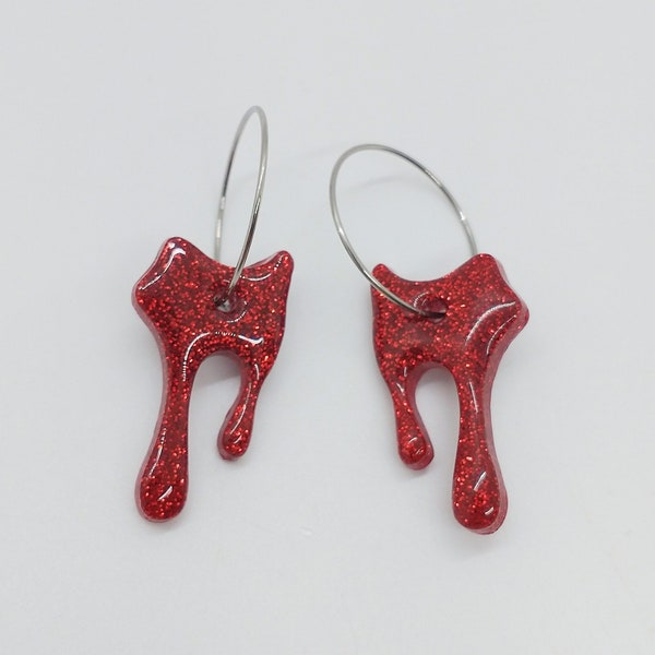 Blood Drip Hoop Earrings - Red Sparkle - Halloween Earrings, Spooky Finds, Gifts for Her, Vamp Jewelry