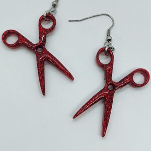 Statement Scissor Dangles - Glossy Red Sparkle - Teacher Gifts, Hairdresser Gifts, Fun Earrings
