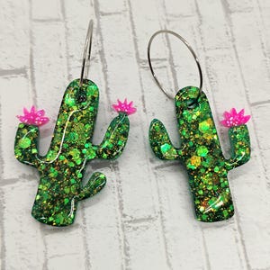 Cactus Dangle Earrings - Deep Green Golden Glitter - Small Hoop - Boho Earrings, Women's Earrings, Cactus Earrings, Gifts for Her