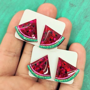 Watermelon Slice Statement Studs - Ruby Flake Mix - Summer Earrings, Summer Studs, Gifts for Her, Fruit Studs, Fruit Earrings