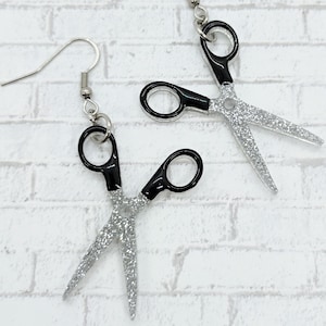 Statement Scissor Dangles - Black Silver Sparkle - Teacher Gifts, Hairdresser Gifts, Fun Earrings