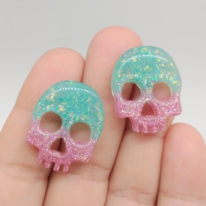 Skull Statement Stud Earrings - Teal Cupid's Arrow Glittermix - Halloween Earrings, Spooky Gifts, Horror Earrings, Gifts for Her