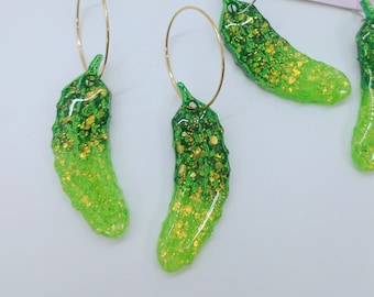 Pickle Hoop Earrings - Gradient Green Glitter - Food Lovers, Baby Dill Earrings, Gifts for Her, Christmas Earrings, Foodie Gifts