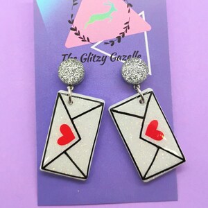 Pendientes colgantes con forma de sobre - San Valentín - Brillo de polvo de diamante - Regalos para ella, pendientes de San Valentín, regalos de San Valentín, pendientes para maestros