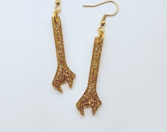 Wrench Dangles - Golden Sparkle - Tradeswoman Gifts, Tool Earrings, Gifts for Her, Mechanics, Construction, Engineers
