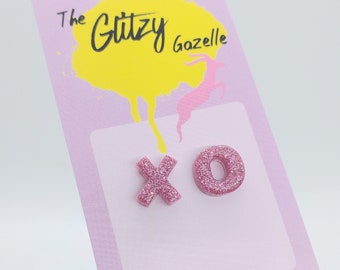 XO Stud Earrings - Cupid's Arrow Pink Sparkle - Valentine's Earrings, XO Earrings, Love Studs, Hugs and Kisses