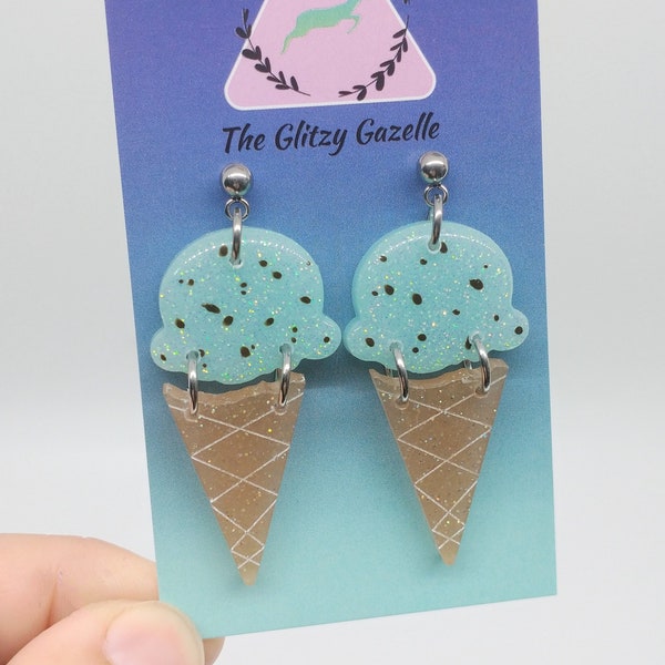 Ice Cream Cone Dangles - Mint Chip Sparkle - Summer Earrings, Food Earrings, Fun Jewelry, Gifts for Women