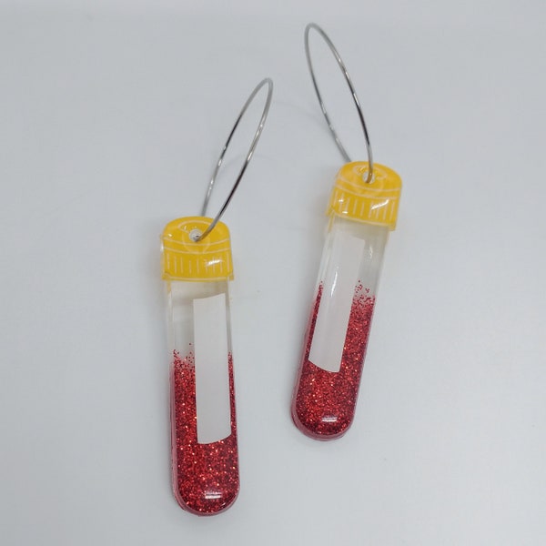 Blood Tube Statement Hoops - Red Sparkle Butter Yellow - Gifts for Nurses, Lab Technician, Phlebotomist, Medical Field Earrings, Blood