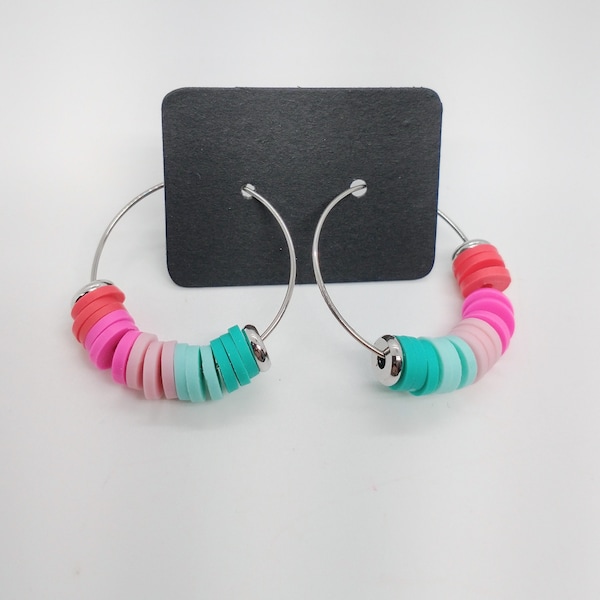 Medium Heishi Beaded Hoop Earrings - Red Pink Teal - Beaded Earrings, Disc Beads, Heishi Beads, Polymer Clay Earrings, Colourful Hoops