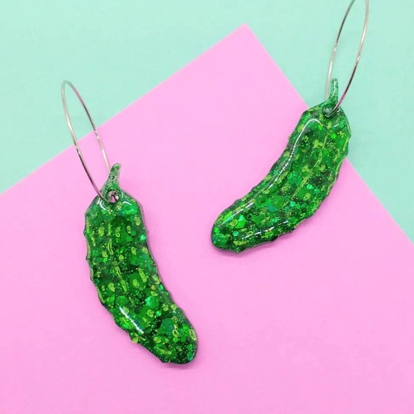 Pickle Hoop Earrings - Emerald Glitter - Food Lovers, Baby Dill Earrings, Gifts for Her, Christmas Earrings, Foodie Gifts