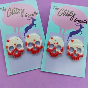 Skull Statement Stud Earrings - Bloody Diamond Dust Sparkle - Halloween Earrings, Spooky Gifts, Horror Earrings, Gifts for Her