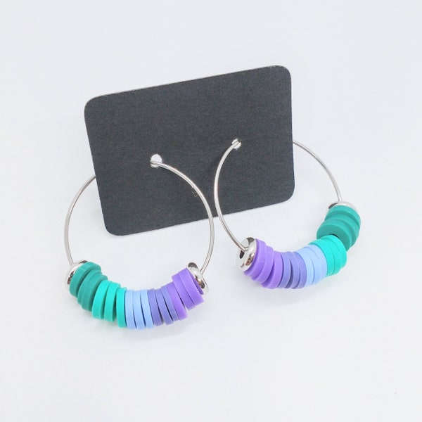 Medium Heishi Beaded Hoop Earrings - Green Teal Purple - Beaded Earrings, Disc Beads, Heishi Beads, Polymer Clay Earrings, Colourful Hoops